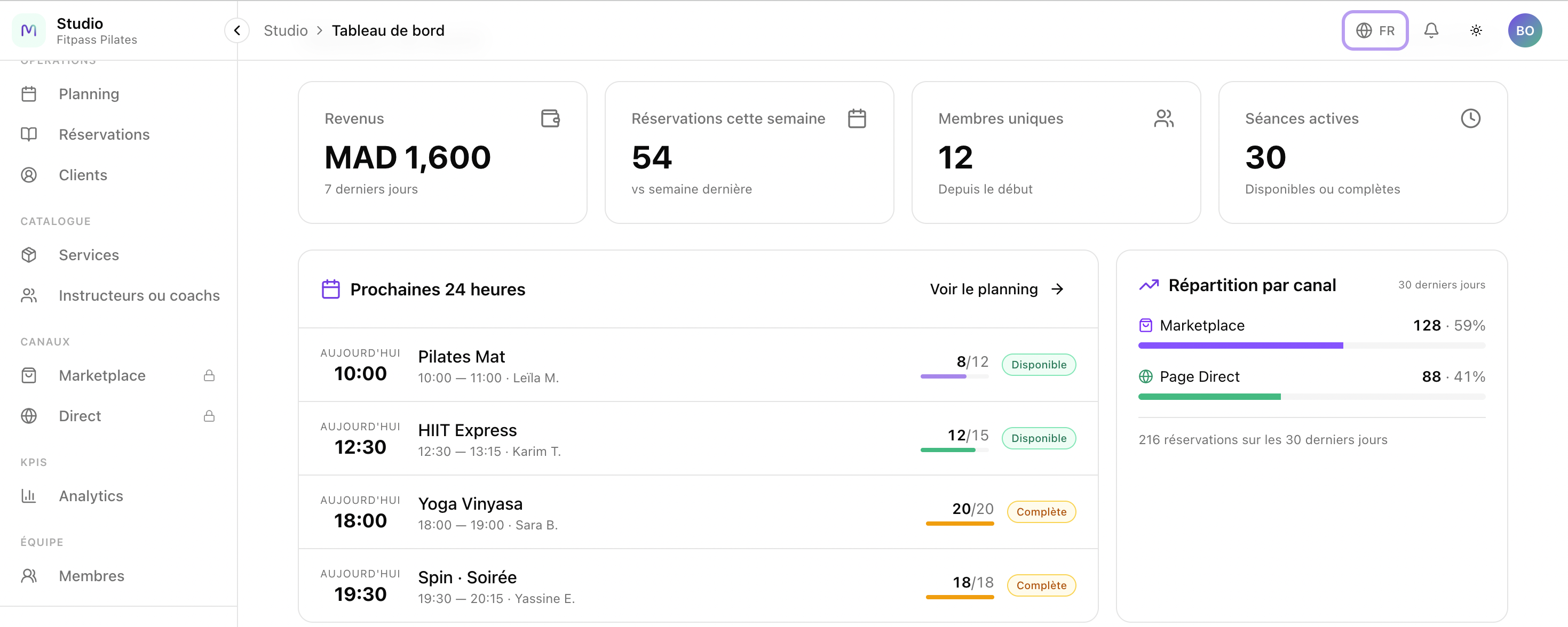 Le tableau de bord Moovli : revenus, réservations et prochains cours.