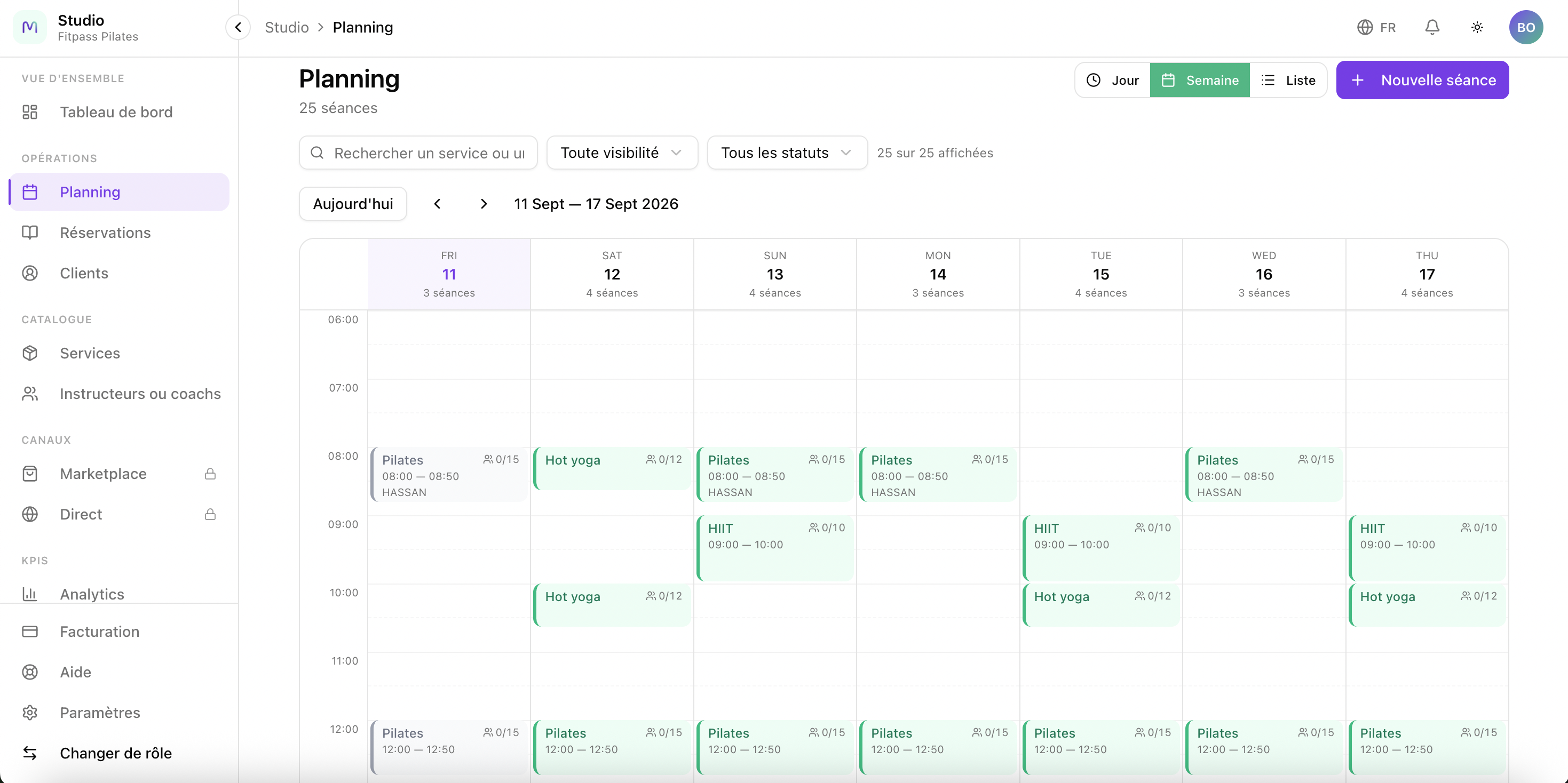 Le planning hebdomadaire Moovli : séances, horaires et places réservées.